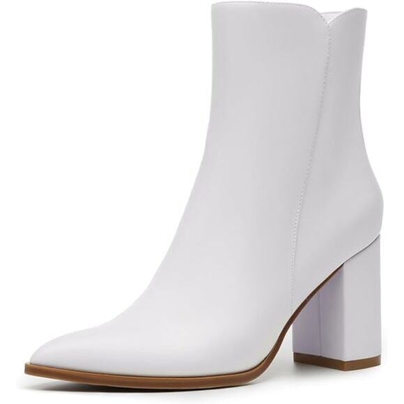 Shoes - Women's White Fashion Pointed Toe Chunky Block Heel Side Zipper Short Ankle Boot